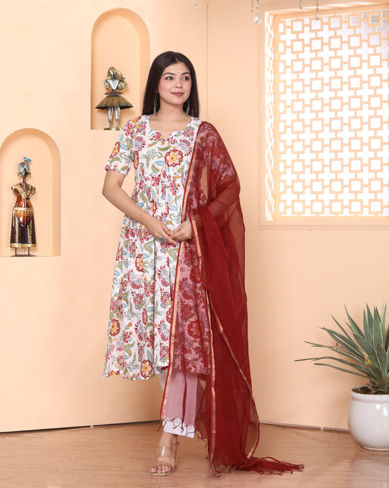 WHITE FLORAL ALIA CUT KURTI PANT SET WITH MAROON KOTA DORIA DUPATTA