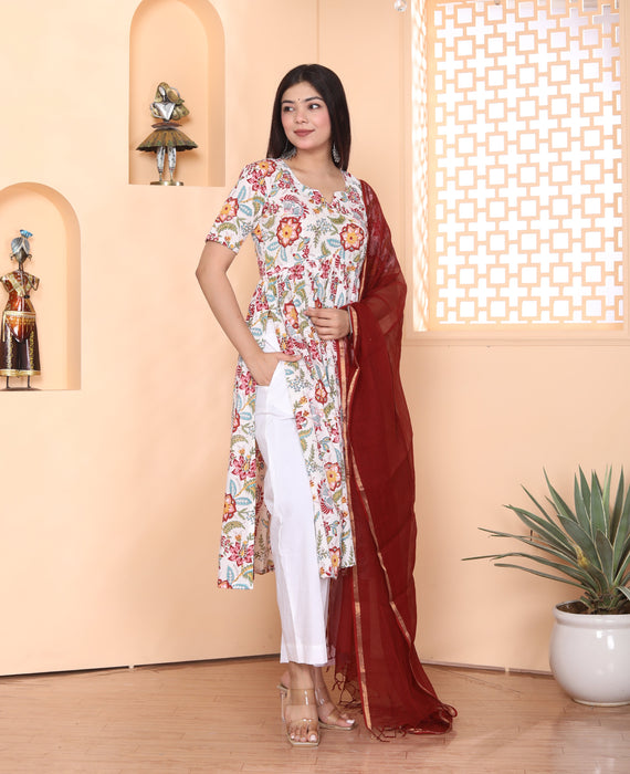 WHITE FLORAL ALIA CUT KURTI PANT SET WITH MAROON KOTA DORIA DUPATTA