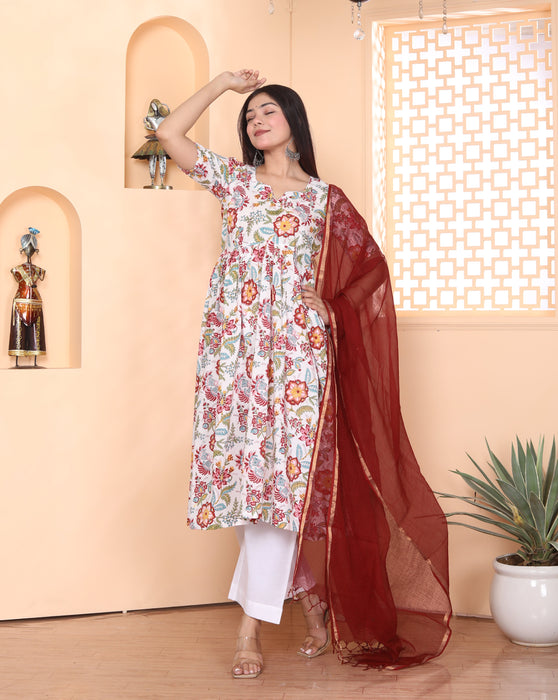 WHITE FLORAL ALIA CUT KURTI PANT SET WITH MAROON KOTA DORIA DUPATTA