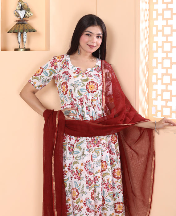 WHITE FLORAL ALIA CUT KURTI PANT SET WITH MAROON KOTA DORIA DUPATTA