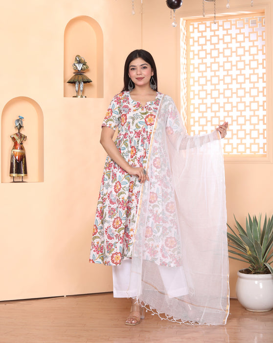 WHITE FLORAL ALIA CUT KURTI PANT SET WITH WHITE DORIA DUPATTA