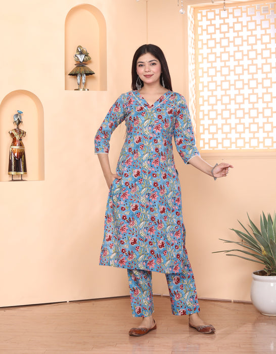 BLUE PRINTED COTTON HANDBLOCK 3 PIECE SUIT SET