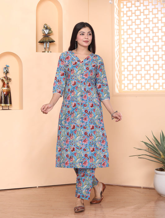 BLUE PRINTED COTTON HANDBLOCK 3 PIECE SUIT SET