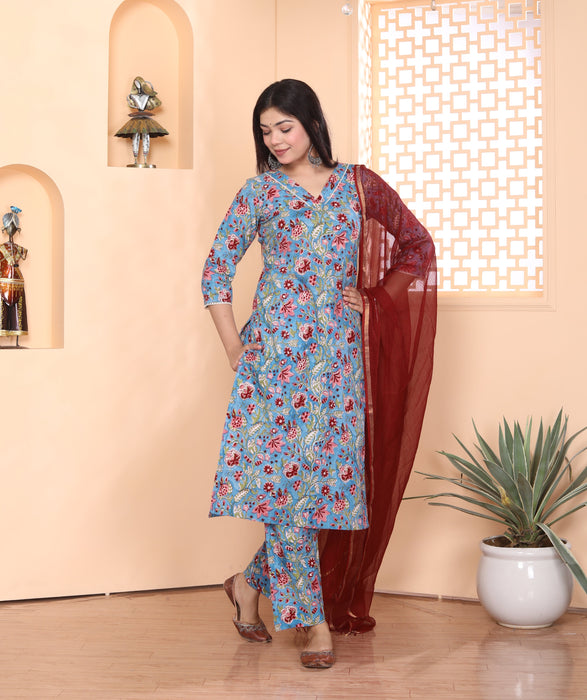 BLUE PRINTED COTTON HANDBLOCK 3 PIECE SUIT SET