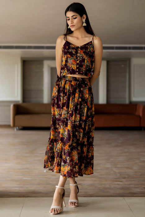 BROWN FLORAL SKIRT TOP CO-ORD SET