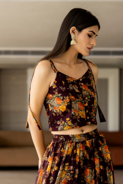 BROWN FLORAL STRAPPY TOP