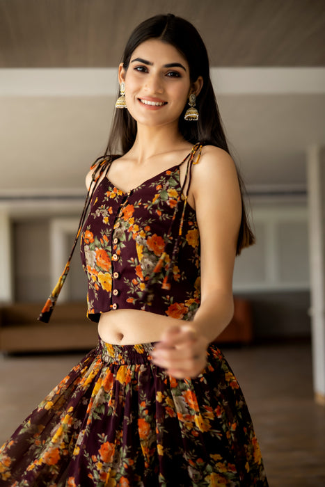 BROWN FLORAL STRAPPY TOP