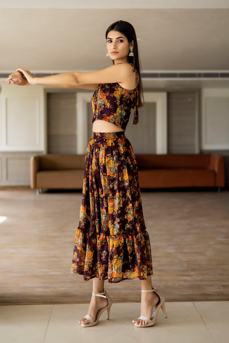 BROWN FLORAL SKIRT TOP CO-ORD SET