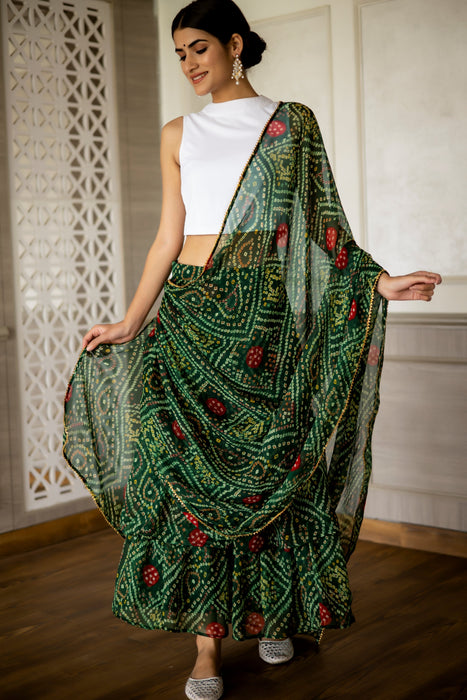 BOTTLE GREEN BANDHEJ DRAPE SAREE SKIRT CO-ORD SET (PACK OF 2)