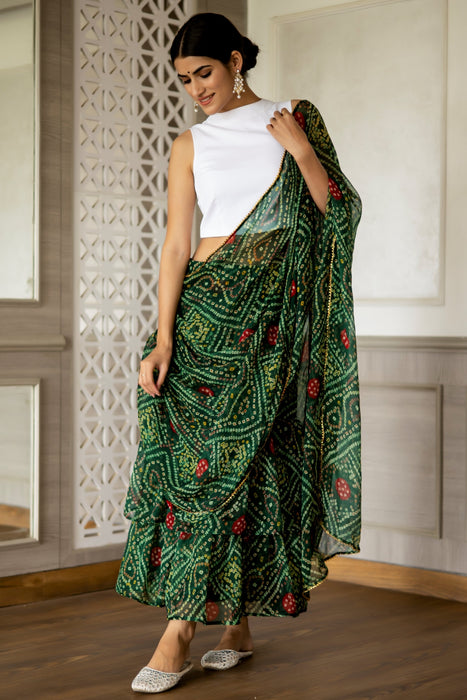 BOTTLE GREEN BANDHEJ DRAPE SAREE SKIRT CO-ORD SET (PACK OF 2)