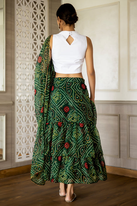 BOTTLE GREEN BANDHEJ DRAPE SAREE SKIRT CO-ORD SET (PACK OF 2)