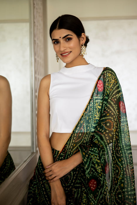 BOTTLE GREEN BANDHEJ DRAPE SAREE SKIRT CO-ORD SET (PACK OF 2)