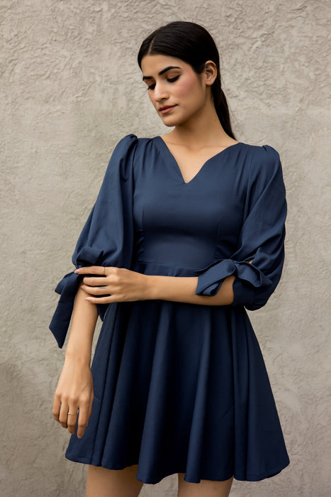 COBALT V NECK KNOTTED SLEEVES DRESS