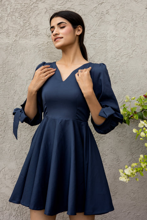 COBALT V NECK KNOTTED SLEEVES DRESS