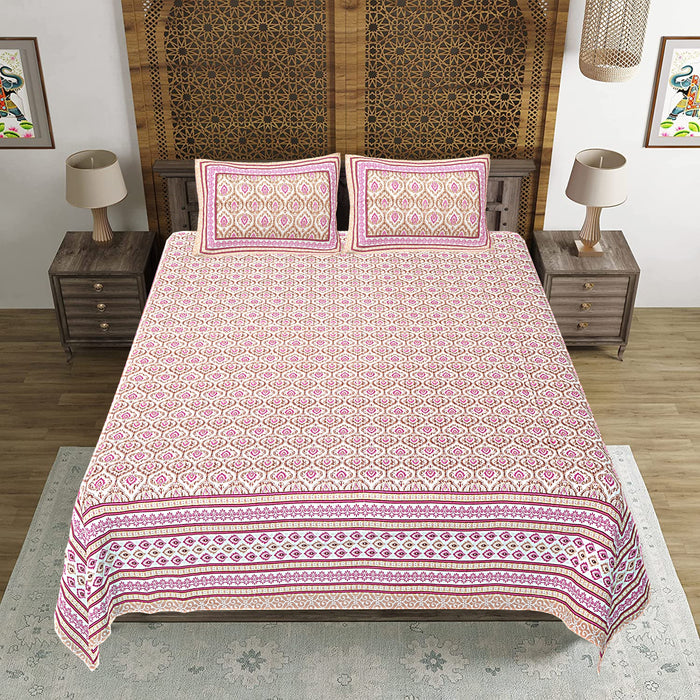 Jaipuri Print Cotton king 90 by 108 Floral Bedsheet with two big size pillow cover BS-5 Pink