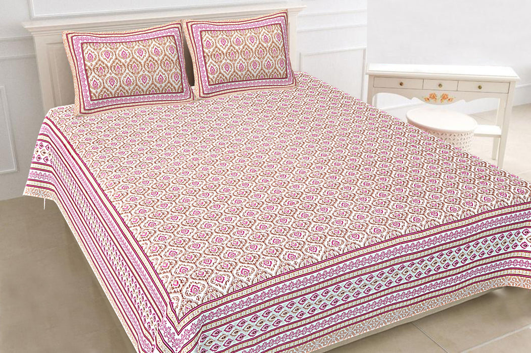 Jaipuri Print Cotton king 90 by 108 Floral Bedsheet with two big size pillow cover BS-5 Pink