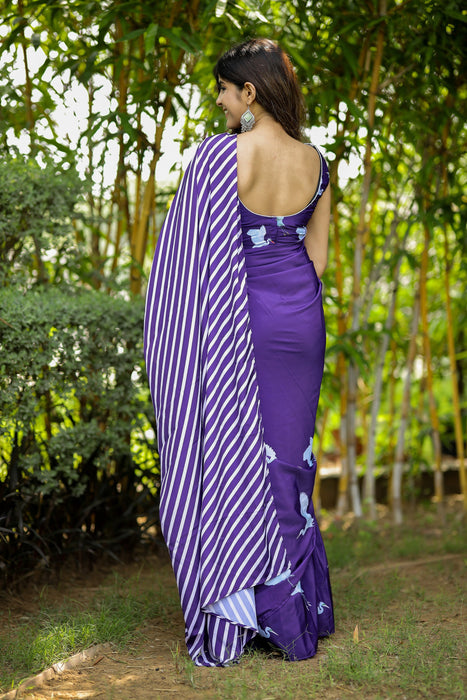 Whimsical Twilight (Printed Satin Silk Purple Saree)