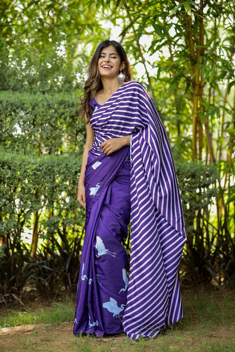 Whimsical Twilight (Printed Satin Silk Purple Saree)