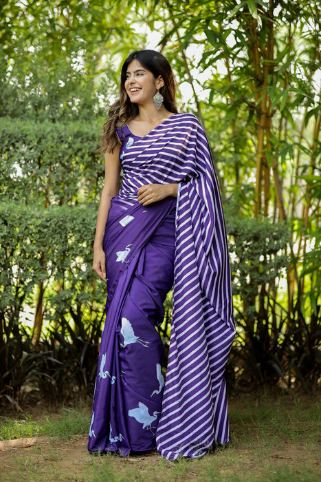 Whimsical Twilight (Printed Satin Silk Purple Saree)