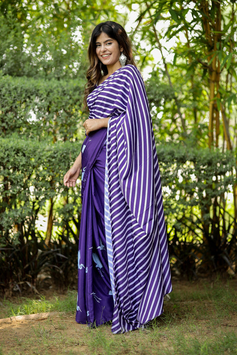 Whimsical Twilight (Printed Satin Silk Purple Saree)