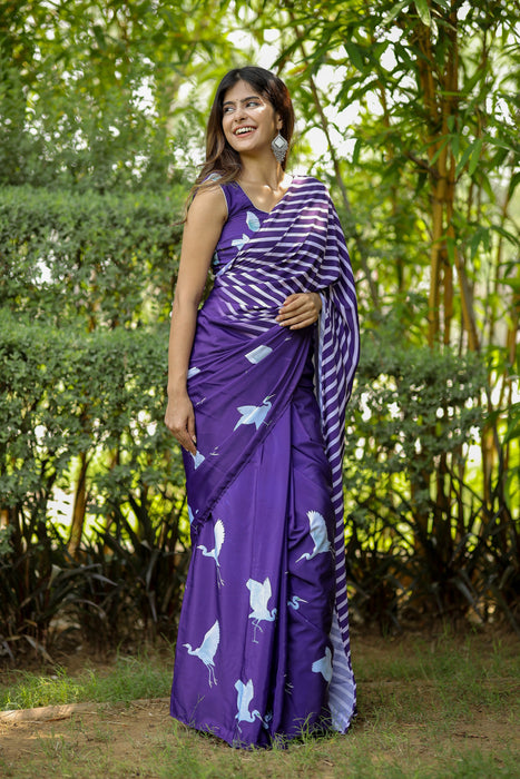 Whimsical Twilight (Printed Satin Silk Purple Saree)