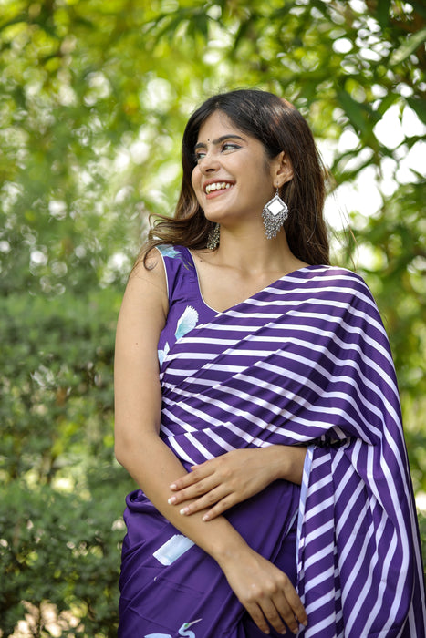 Whimsical Twilight (Printed Satin Silk Purple Saree)