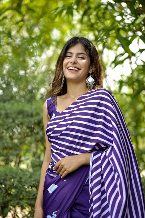 Whimsical Twilight (Printed Satin Silk Purple Saree)