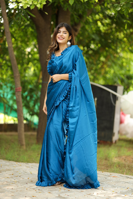 Oceanic Breeze (Solid Satin Silk Ruffled Saree)