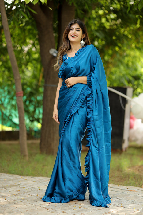 Oceanic Breeze (Solid Satin Silk Ruffled Saree)