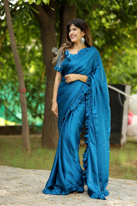 Oceanic Breeze (Solid Satin Silk Ruffled Saree)