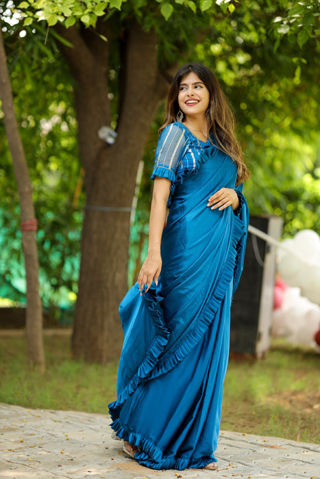 Oceanic Breeze (Solid Satin Silk Ruffled Saree)