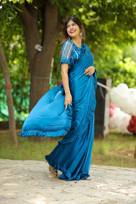 Oceanic Breeze (Solid Satin Silk Ruffled Saree)