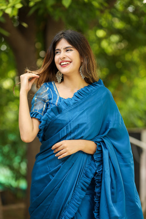 Oceanic Breeze (Solid Satin Silk Ruffled Saree)