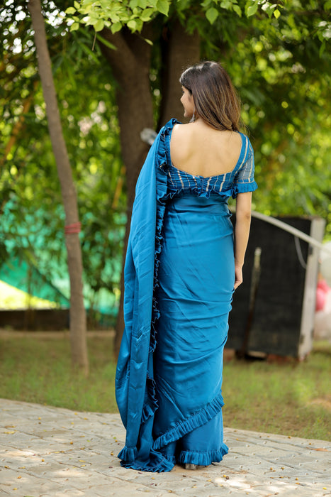 Oceanic Breeze (Solid Satin Silk Ruffled Saree)