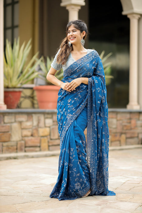 Tinsel Blue (Pure Georgette Sequins Work Saree)