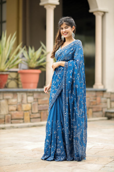 Tinsel Blue (Pure Georgette Sequins Work Saree)