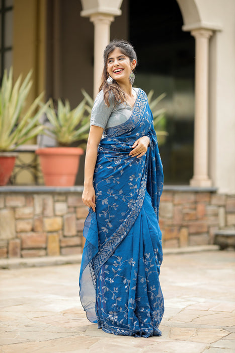 Tinsel Blue (Pure Georgette Sequins Work Saree)