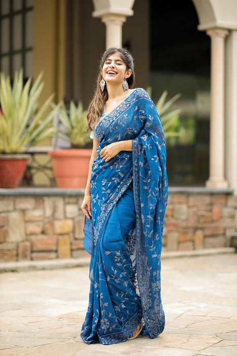 Tinsel Blue (Pure Georgette Sequins Work Saree)