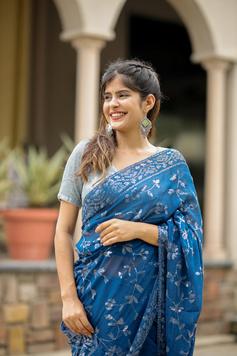 Tinsel Blue (Pure Georgette Sequins Work Saree)