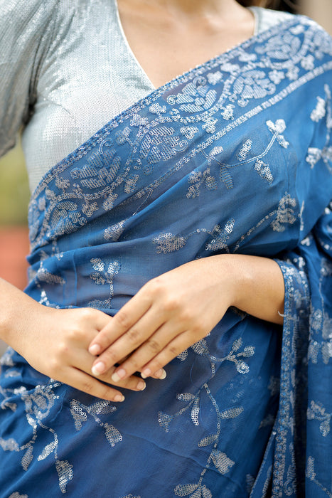 Tinsel Blue (Pure Georgette Sequins Work Saree)