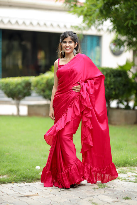 Renee Ruffle (Printed Satin Silk Saree)Ruffled Satin Silk Saree)