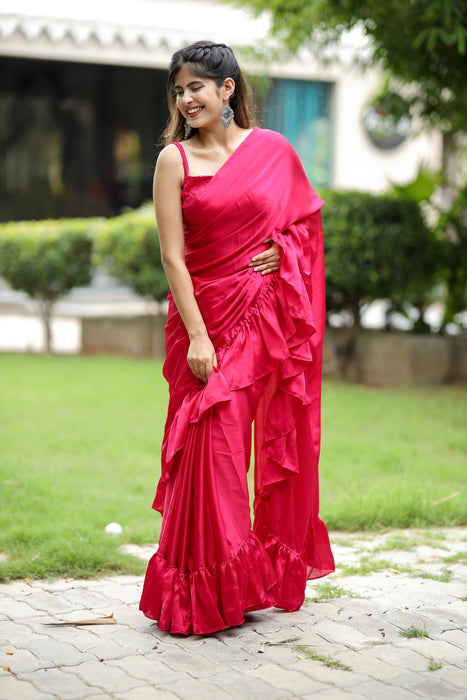 Renee Ruffle (Printed Satin Silk Saree)Ruffled Satin Silk Saree)