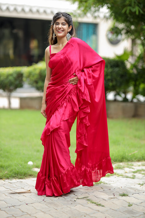 Renee Ruffle (Printed Satin Silk Saree)Ruffled Satin Silk Saree)