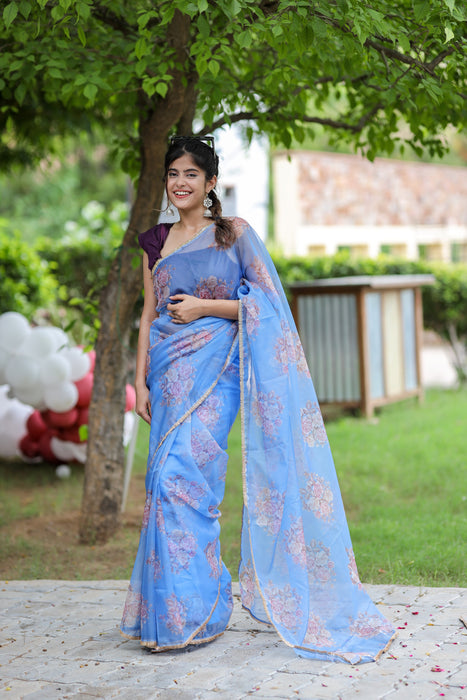 Oceanic Bloom (Printed Organza Saree)