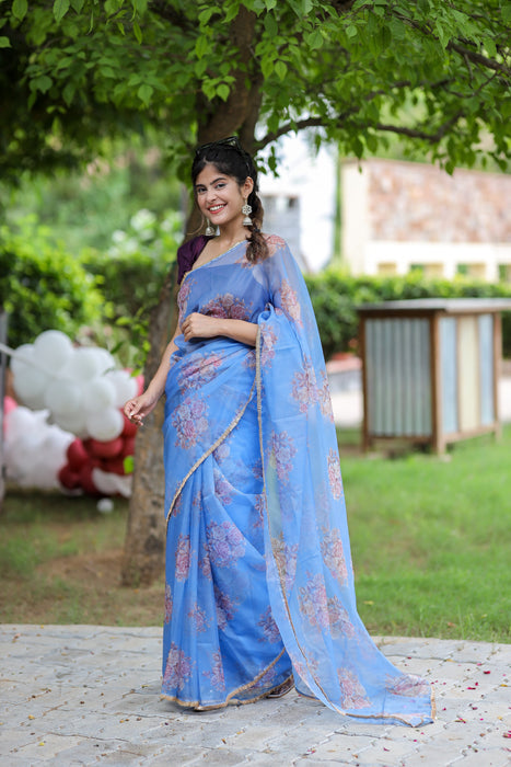 Oceanic Bloom (Printed Organza Saree)