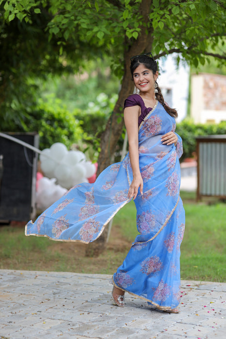 Oceanic Bloom (Printed Organza Saree)