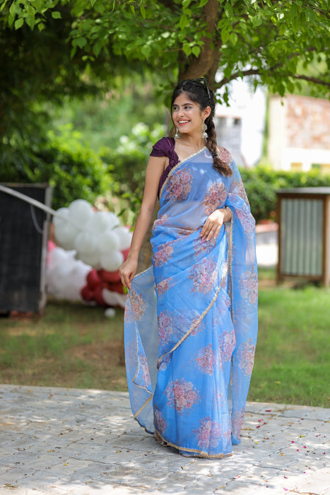 Oceanic Bloom (Printed Organza Saree)