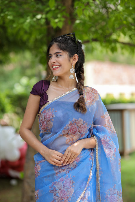 Oceanic Bloom (Printed Organza Saree)