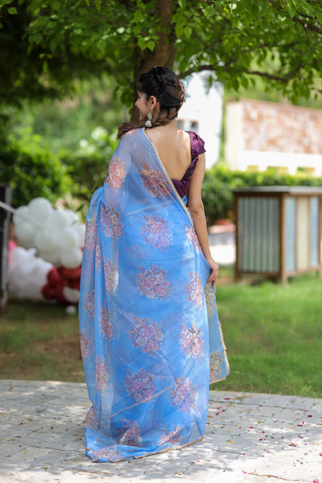 Oceanic Bloom (Printed Organza Saree)