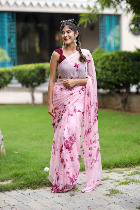 Roseate Serenity (Shibori Tye-Dye Chiffon Saree)